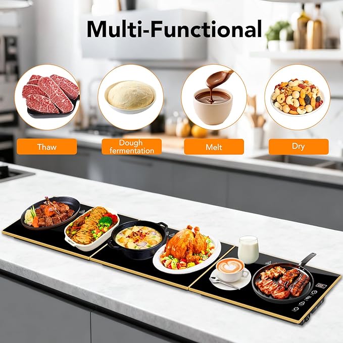Electric Warming Tray, Extra-Long 47.24'' x 11.81'' Glass Surface, 3-in-1 Warming Mat for Food, with 7 Temperature + 8-Hour Timer Settings, Modular Food Warmers for Parties Buffet for Catering