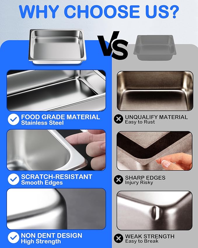 WantJoin Steam Table Hotel Pans with Lid 6 Pack 1/3 Size 6 Inch, 201 Stainless Steel 6" Deep Food Storage Container Set Cover for Chafing Dishes Commercial Buffet Restaurant Kitchen Catering Supplies