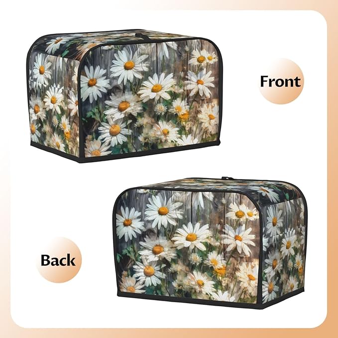 Toaster Cover 2 Slice with Pockets, Farmhouse White Daisy Nature Botanical Plant Wooden Board Kitchen Accessories Decor Bread Maker Oven Protector Covers Dust Proof Fingerprint Covers