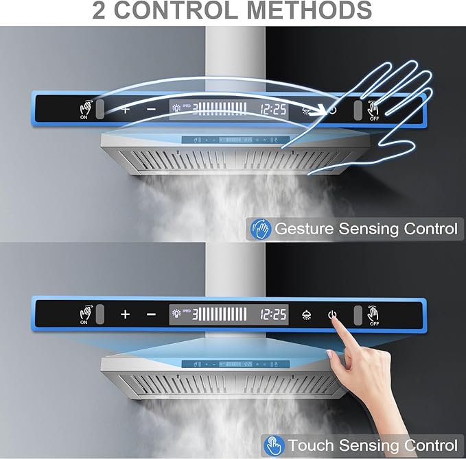 SNDOAS Wall Mount Range Hood 30 inch with Touch and Gesture Sensing Control,Chimney-Style Stainless Steel Range Hood,Vent Hood 30 inch Ducted/Ductless Convertible Kitchen Hood,Baffle Filters