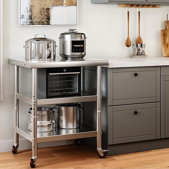 YITAHOME NSF Stainless Steel Table, 36" X 24" Worktable with Wheels, 3 Shelves Metal Prep Workstation for Home Kitchen Restaurant Garage Warehouse Outdoor