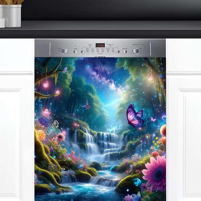 Dishwasher Magnet Cover Forest Flower Water Dishwasher Decorative Cover Front Dishwasher Door Cover Reuseable Dishwasher Cover Panel Decal for Kitchen Refrigerator Home Appliances 23" X 26"