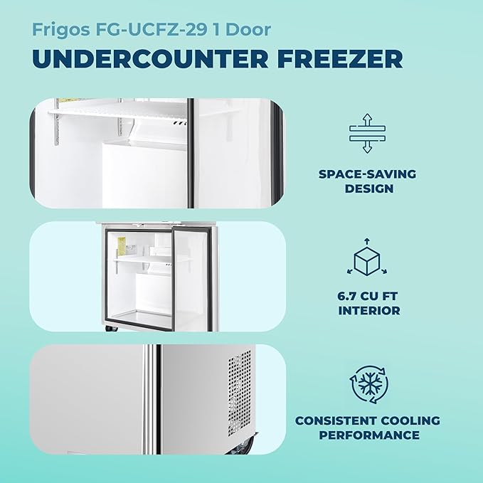 Frigos FG-UCFZ-29 29" 6.7 cu ft Commercial Undercounter Freezer Silver - ETL Certified Stainless Steel, LED Lighting - Perfect for Commercial Kitchens - Low Energy Freezer Included Liftgate