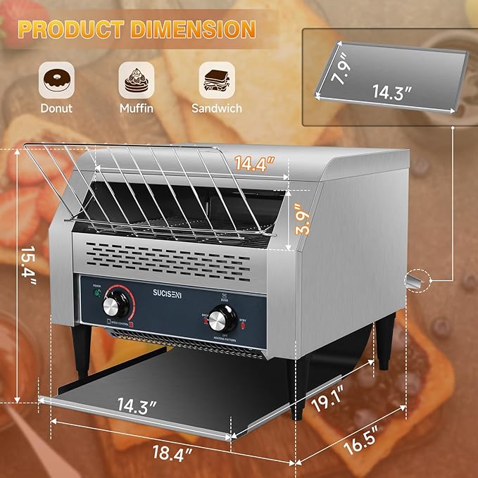 SUCICENI Commercial Conveyor Toaster 450 Slices/Hour Stainless Steel Toaster 2600W Heavy Duty Industrial Toasters Electric Oven with Dual Heating Tube for Bagel Bread Croissant Bakery Restaurant Cafe