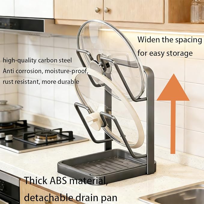 Kitchen Pot Lid Storage Rack, Multifunctional Stainless Steel Cookware Storage Rack With Removable Drip Tray, Space-saving kitchen Pot Lid Organizer, For Various Pot Lids (Grey, Double-Layer, 2PC)