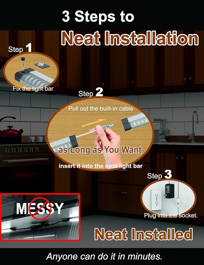 LED Under Cabinet Lighting Touch Under Counter Lights for Kitchen Built-in Adjustable Cable No Messy Wires! 4 Panel Cabinet Light 6500K 1800Lm Super Bright for Garage Pantry Closet Timer Smart Plug
