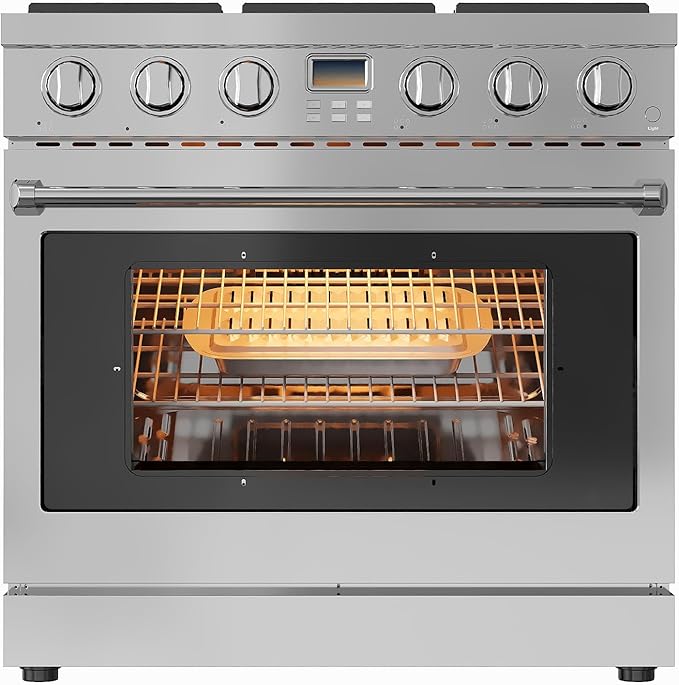 36 Inch Freestanding Dual Fuel Range Oven Stove, 6.0 Cu.Ft, Stainless Steel Electric Convection Oven with Self Clean, 6 Sealed Gas Burner for Home and Commercial Use