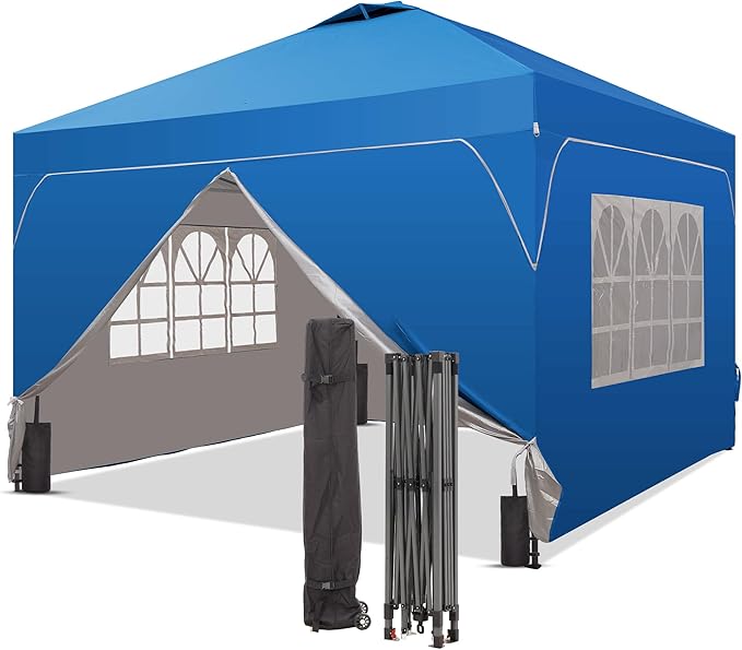 Saemoza 12x12 Pop Up Canopy Tent with One Push Setup, Outdoor Sun Shade Canopy with Vent Top for Backyard Party, Easy Up Instant Shelter with 4-Sandbags & Wheel Bag, Blue.