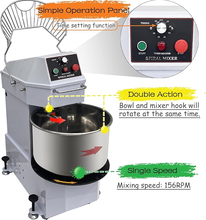 INTSUPERMAI Commercial Dough Mixer Machine Electric Food Mixer with Removable Bowl Double Action Spiral Mixer for Schools Bakeries Restaurants Pizzerias 110V 20 L / 20 QT Capacity