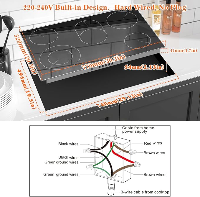 Karinear Electric Cooktop 30 Inch, 8400w 5 Burners Electric Stove Top, Built-in Ceramic Cooktop with Glass Protection Metal Frame, Multifunctional Stove for 220-240v, Hard Wire, No Plug