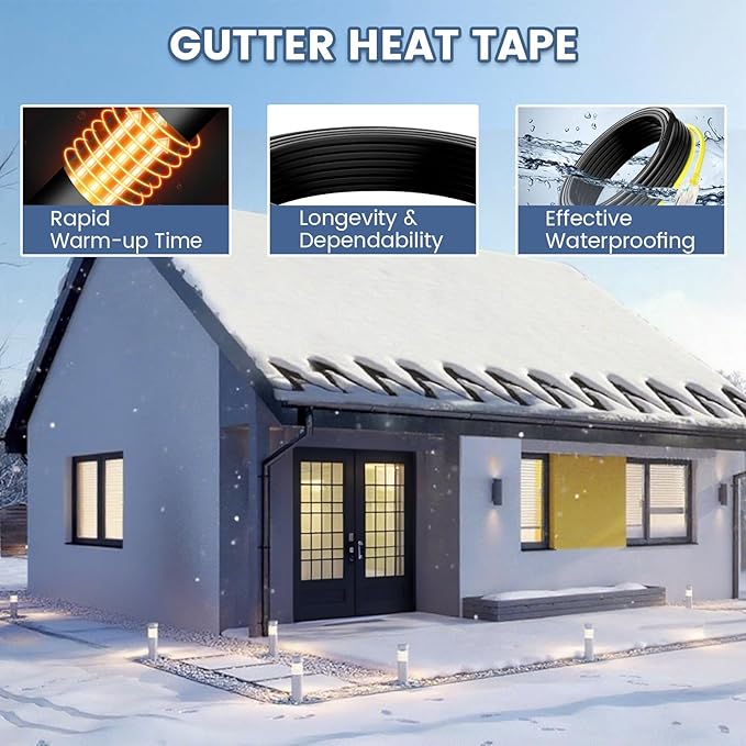 50 FT Gutter Heat Cable Kit, YeloDeer 6 W/FT Heat Tape for Roof and Gutters, Self-Regulating Roof Melt Heating Snow De-Icing Cable, 120V