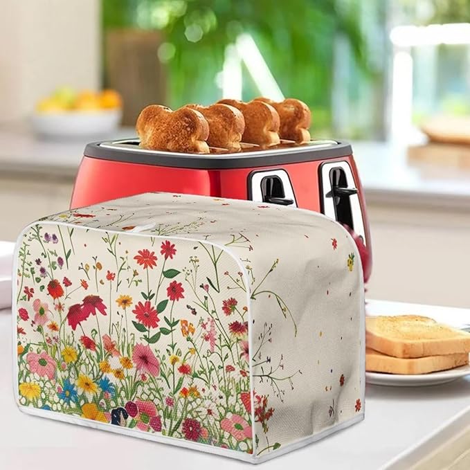 Flower Field Print Toaster Cover Washable 2 Slice Bread Maker Protector Oven Dust Cover for Small Kitchen Appliances Anti Fingerprint