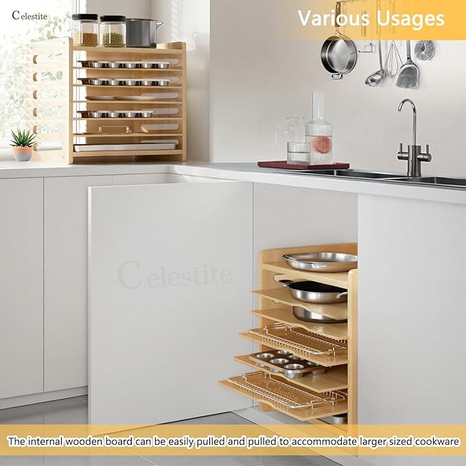 celestite Wooden Tray Dividers for Cabinets, Cookie Sheet Organizer for Cabinet, Baking Sheet Pan Organizer for Kitchen Organizers and Storage (7 Tier 20" Wx16.7 Hx15.2 D)