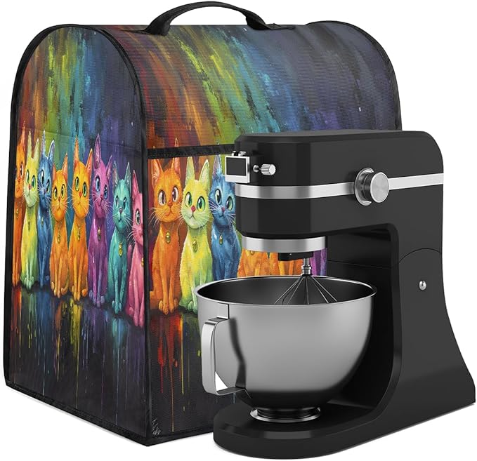 Kitchen Aid Mixer Cover Cat Color Oil Painting Stand Mixer Cover Compatible with 6-8 Quarts Stand Mixers, Dust Covers with Zipper Pocket Foldable Washable Kitchen Aid Organizer Bag