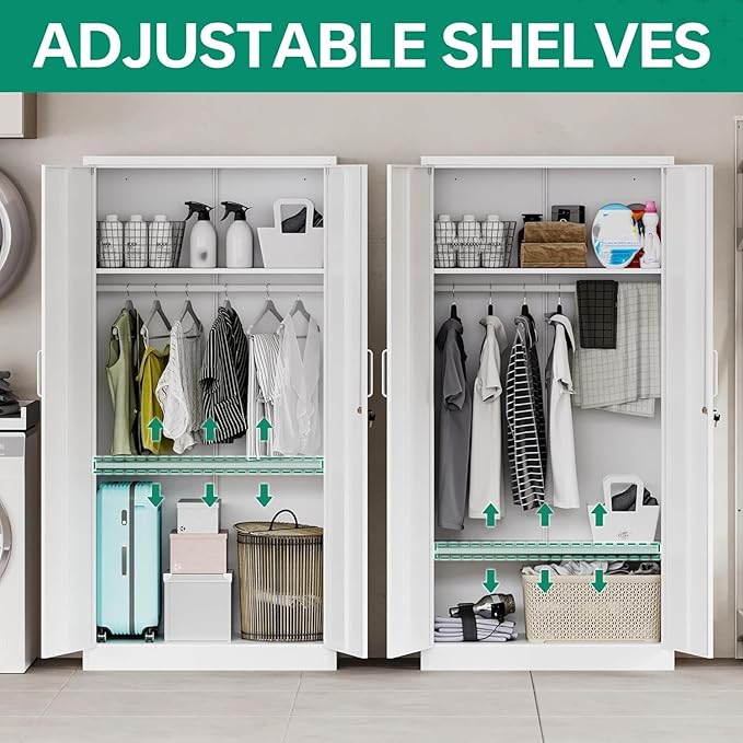 Letaya Metal Wardrobe Cabinets with Lock,Clothing Locker 72" X 36" X 18" Storage Cabinets for Home Room,Fire Department, School, Employee,Gym,Government (White)