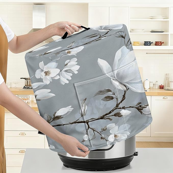 Kitchen Appliance Accessories Dust Cover for 3-6-8 Quart Instant Pot, Pressure Cooker, Air Fryer & Crock Pot,Decorative Appliance Cloth Cover with Top Handle & Storage Pockets (White, 6 Quart)