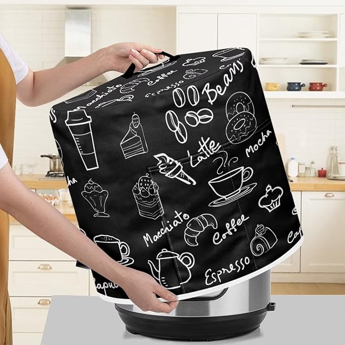 Dust Cover for Kitchen Appliance Accessories for 6 Quart Pressure Cooker Air Fryer Rice Cooker Dust Protection with Storage Pockets, Coffee Dessert Black
