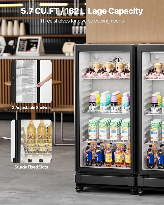 VEVOR Commercial Merchandiser Refrigerator, 5.7 CU.FT Glass Door Display Refrigerator Upright Fridge, Beverage Refrigerator Cooler Merchandiser with 3 Adjustable Shelves and Soft LED Light, Black