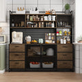 MOUMON Kitchen Pantry Cabinet with Hutch and 4 Doors, Pantry Storage Cabinet with Pegboard & Hutch, 6 Drawers and Shelves, Brown and Black, 15.7”D x 70.9”W x 68.5”H
