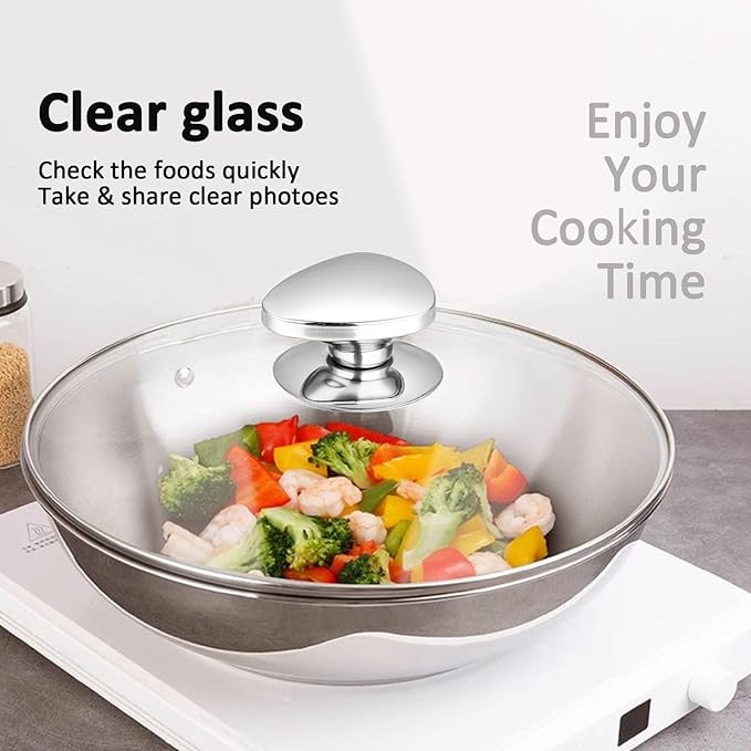 14 inch Glass Lid For Pots, Pans and Skillets, Clear tempered Glass Lid Replacement with Vent For Frying Pan, Stock Pot, Cast iron skillet, 8, 9.5, 10.25, 11, 12, 12.5, 13.5 and 14 Inch Glass Covers