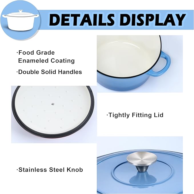 TeamFar 3qt Dutch Oven, Small Enameled Cast Iron Dutch Oven Pot with Lid, For Bread Baking/Stewing/Braising/Frying, Various Stoves & Oven Safe, Non-stick & Easy Clean, Blue