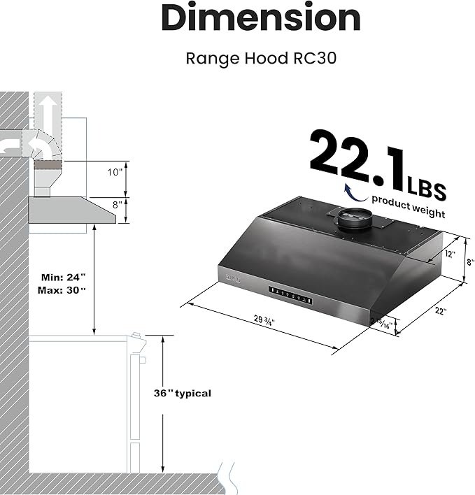 30 inch Range Hood Stainless Steel(PVD), Black Stove Hood with 1200 CFM with 1.5 Sones Quiet,3 Speed Exhaust Fan Hood Vents for Kitchen,Under Cabinet Range Hood with GU10 LED Lights