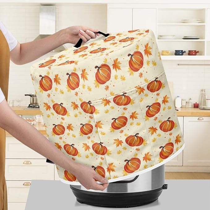 Pumpkins Maple Leaf Print 6 Quart Pressure Cooker Dust Cover with Storage Pocket and Top Handle Kitchen Appliance Air Fryer Rice Cooker Dust Cover Thanksgiving Day Decor