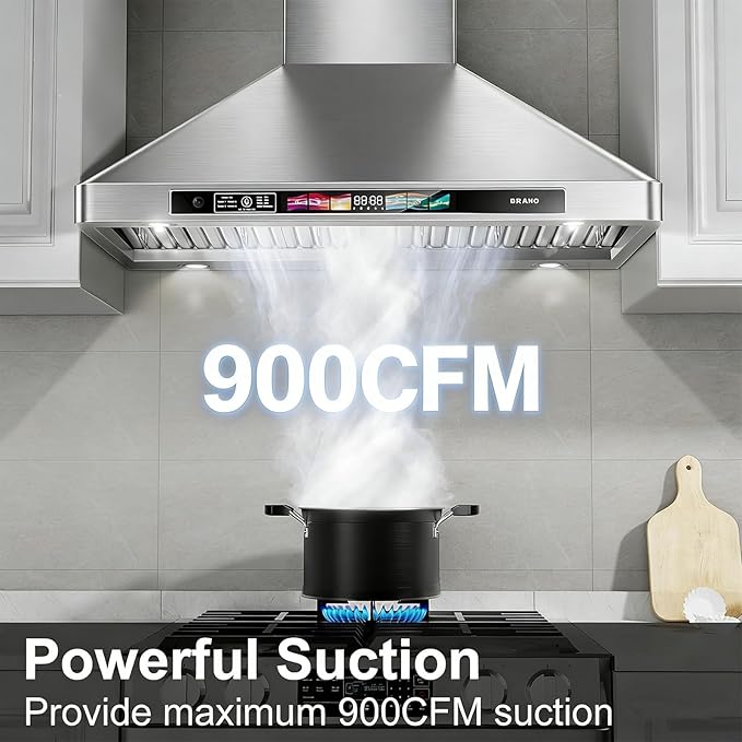 BRANO 36 Inch Wall Mount Range Hood 900 CFM with Voice/Gesture/Touch Control, Stainless Steel Vent Hood with 4 Speed, 4 Adjustable Lights, Ducted/Ductless Convertible