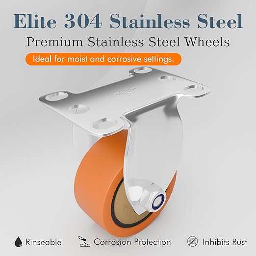 3" 304 Stainless Steel Rigid Caster, Set of 2 - Industrial Fixed Anti-Corrosion Wheel (No Brake) for Hospital, Restaurant, Furniture