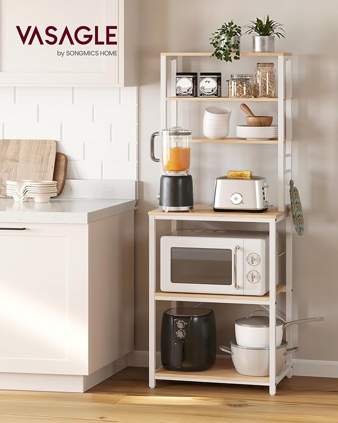 VASAGLE Coffee Bar, 23.6 Inches Baker's Rack for Kitchen with Storage, 6-Tier Kitchen Shelves with 6 Hooks, Microwave Stand, Modern, Golden Oak and Cloud White UKKS024W09