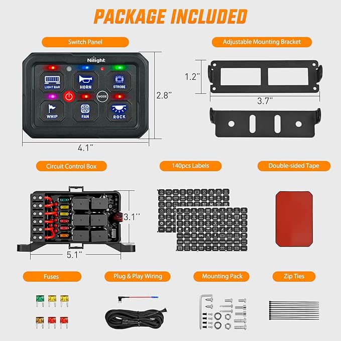 Nilight 6 Gang Switch Panel Blue Circuit Control Relay System with Fuse Wiring Harness Toggle Momentary Strobe Flash Modes Automatic Dimmable ON Off Pod 12V 24V for Car Truck Camper SUV
