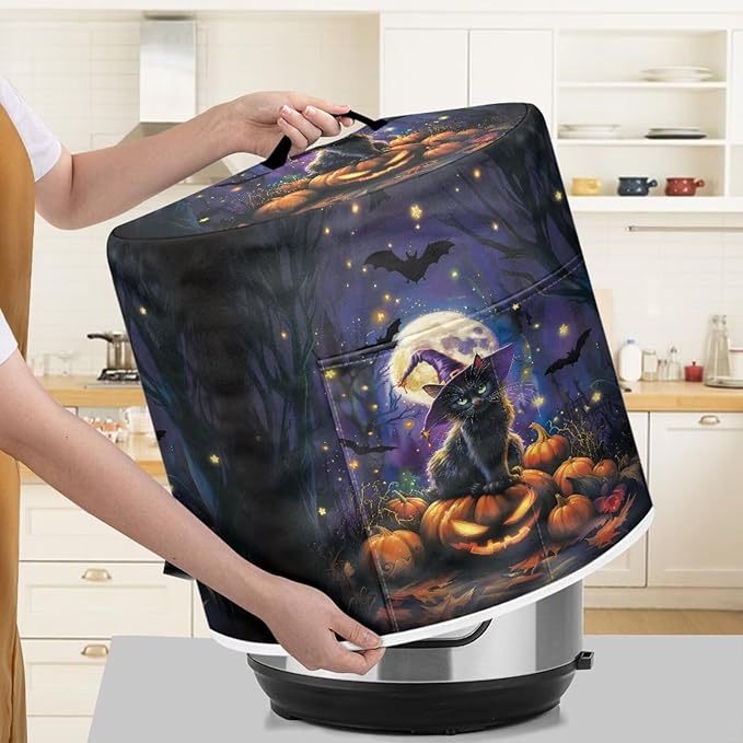 8 Quart Pressure Cooker Dust Cover with Top Handle and Storage Pocket Kitchen Small Appliance Protector Air Fryer Rice Cooker Dust Cover Halloween Moon Night Cat