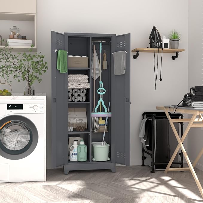 65" H Metal Storage Cabinet,Broom Closet Storage Cabinet with Adjustable Shelves,Locking Steel Cabinets with Pegboard and Hanging Rod,Utility Closet for Brooms and Mops,Grey