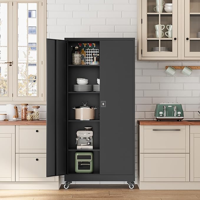 Metal Rolling Storage Cabinet-74.6” Tall Steel File Cabinets with Wheels Lockable Doors and Adjustable Shelves-Black Steel Storage Cabinet for Home, School, Office, Garage