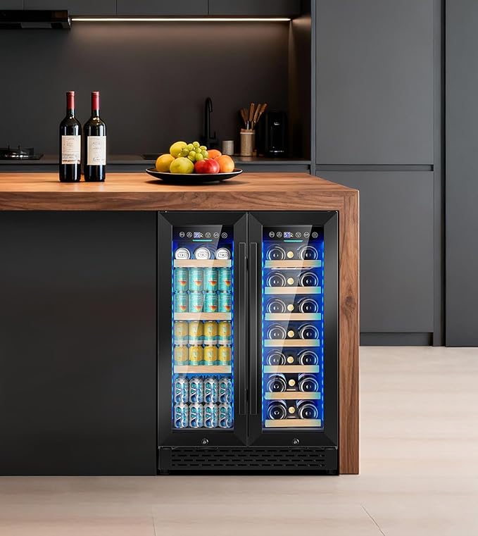 24'' Wine and Beverage Refrigerator, 4.5 Cu. Ft. Dual Zone Wine Fridge with RGB Lights French Door Intelligent Control Advanced Compressor Under Counter Cooler for Outdoor Kitchen Bar Gift Black