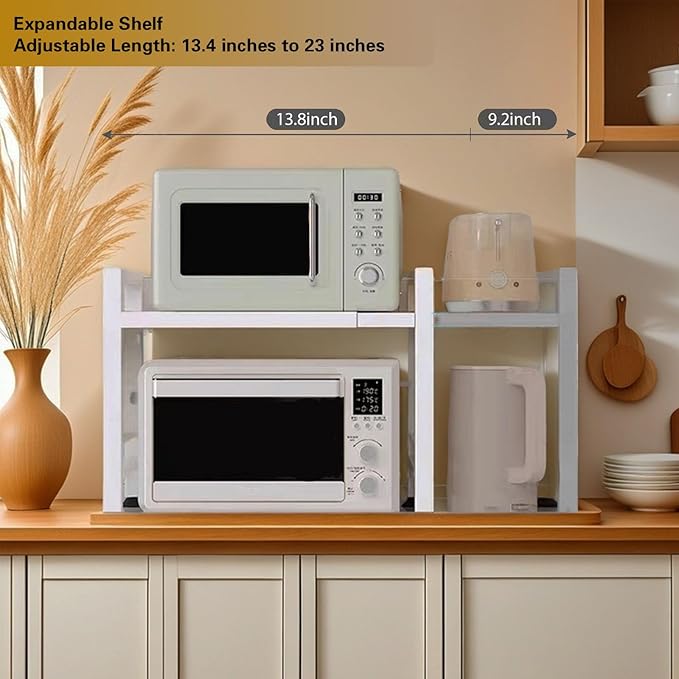 Microwave Oven Rack Expandable Countertop Heavy Duty Microwave Shelf 2-Tier Adjustable Metal Storage Shelf Rack for Kitchen (White)