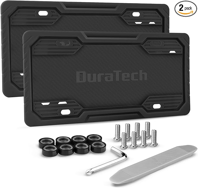 DURATECH Silicone License Plate Frames, Rust Proof Plate Cover for Car, Rattle Proof Plate Protector with Installation Tool Kits, Waterproof License Plate Holder for Extreme Weather (2Pc, Black)