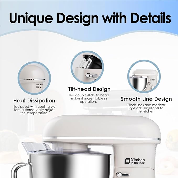 Kitchen in the box Stand Mixer - 8.5 Quart Mixing Bowl with Handle, 900 Watt Heavy Bread Dough Standing Mixers Tilt-head with Dough Hook, Whisk, Flat Beater and Splash Guard (Cream White)
