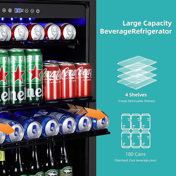 Beverage Refrigerator 24 Inch, 180 Can Drink Fridge with Glass Door, Under Counter or Freestanding Beverage Cooler for Soda, Beer, Wine – Quiet Cooling for Kitchen, Bar, Office, Black