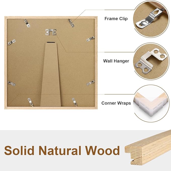Vittanly 12x12 Picture Frame Set of 2, Solid Wood Frame for Wall Art Photo and Prints, Display Photo 8x8 with Mat or 12x12 without Mat, Natural