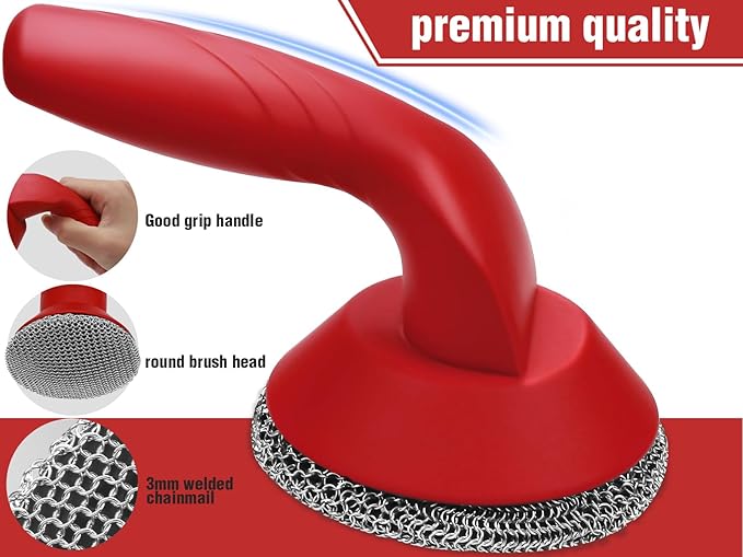 Cast Iron Cleaner Scrubber with Handle -3mm Welded Chain Mail Cast Iron Grill Scrubber Brush-Chainmail Sponge Scrub Cleaning Tool to Clean Skillets, Pan,Griddle, Wok