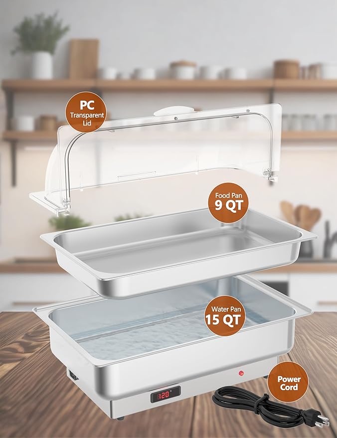 Chafing Dish Electric Buffet Set,9 QT Stainless Steel Food Servers and Warmers with Temperature Control for Wedding and Parties