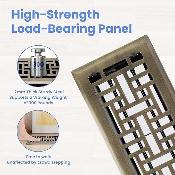 4x10 Inches Heavy Duty Walkable Floor Register Easy Adjust Air Supply Lever Floor Vents - Seattle Design - Vent Cover for Home Floor - Antique Brass