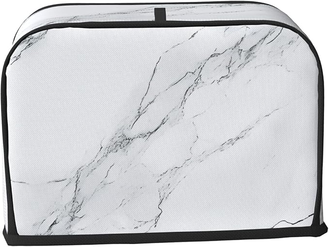 2 Slice Toaster Cover for Kitchen Marble White Gray Waterproof and Dustproof Oxford Fabric Toaster Dust Cover with Side Pockets Decorative Universal Cover for Wide Slot Toasters and Small Appliances