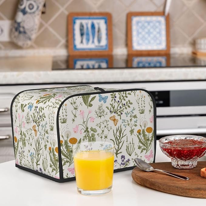 Vintage Flower Wild Herb Floral 4 Slice Toaster Cover, Waterproof Toaster Dust Bread Maker Protective Cover For Small Kitchen Appliance Dining Room Table Home Decor Gifts