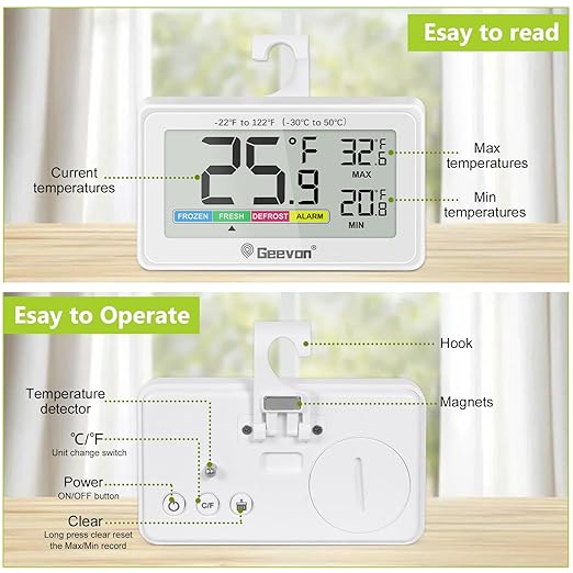 Geevon Digital Refrigerator Thermometer 2 Pack,IP65 Waterproof Fridge and Freeze Thermometer with Magnetic Back Large LCD,Max/Min Record Function for Home,Commercial