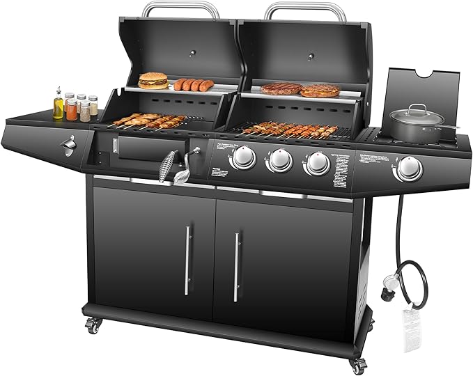 Dual Fuel Grill Combo Propane Gas & Charcoal Grill with Side Burner, 3+1 Burners 40,000 BTU Total, 713.5 Sq In Cooking Area, Adjustable Charcoal Tray & Stainless Steel Cabinet (Gas + Charcoal Combo)