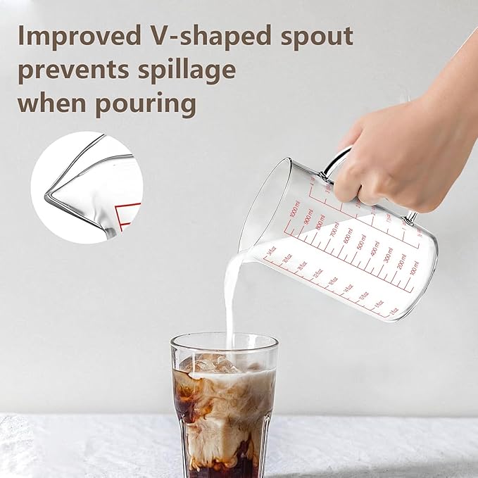 WhiteRhino 4Cup/1000ML Glass Liquid Measuring Cup With Handle,High Borosilicate Glass Three Scales (OZ, Cup, ML/CC) for Kitchen or Restaurant, V-Shaped Spout Glass Measuring Beaker,Easy To Read(34oz)