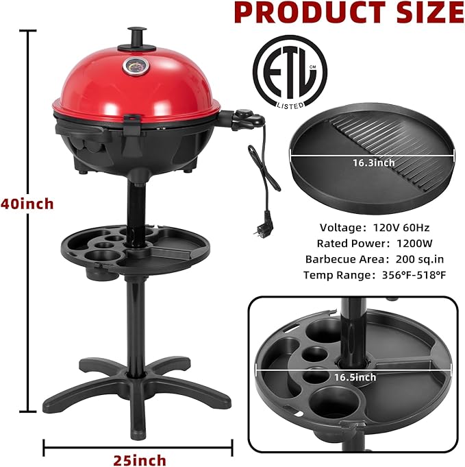 Electric Grill Outdoor/Indoor,Portable BBQ Grill with Nonstick Surface,200 Square Inches Indoor Electric Barburcue Grill with Adjustable Heat,Stand/Tabletop,for Patio/Yard/Home(Red)