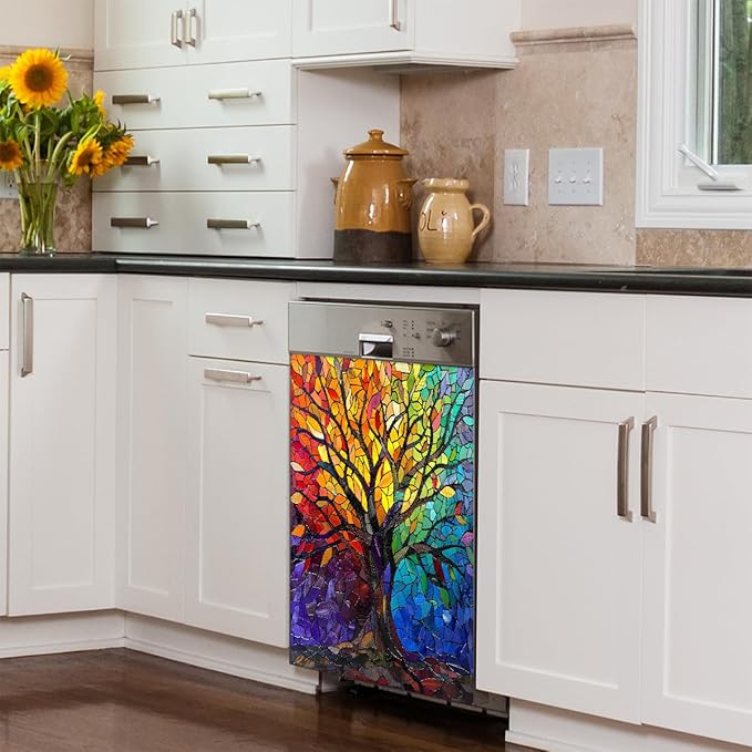 Tree of Life Spring Dishwasher Magnet Cover Tree of Life Rainbow Glass Dishwasher Decorative Cover Front Dishwasher Door Cover Reuseable Dishwasher Cover for Kitchen Home Appliances 23" X 26"